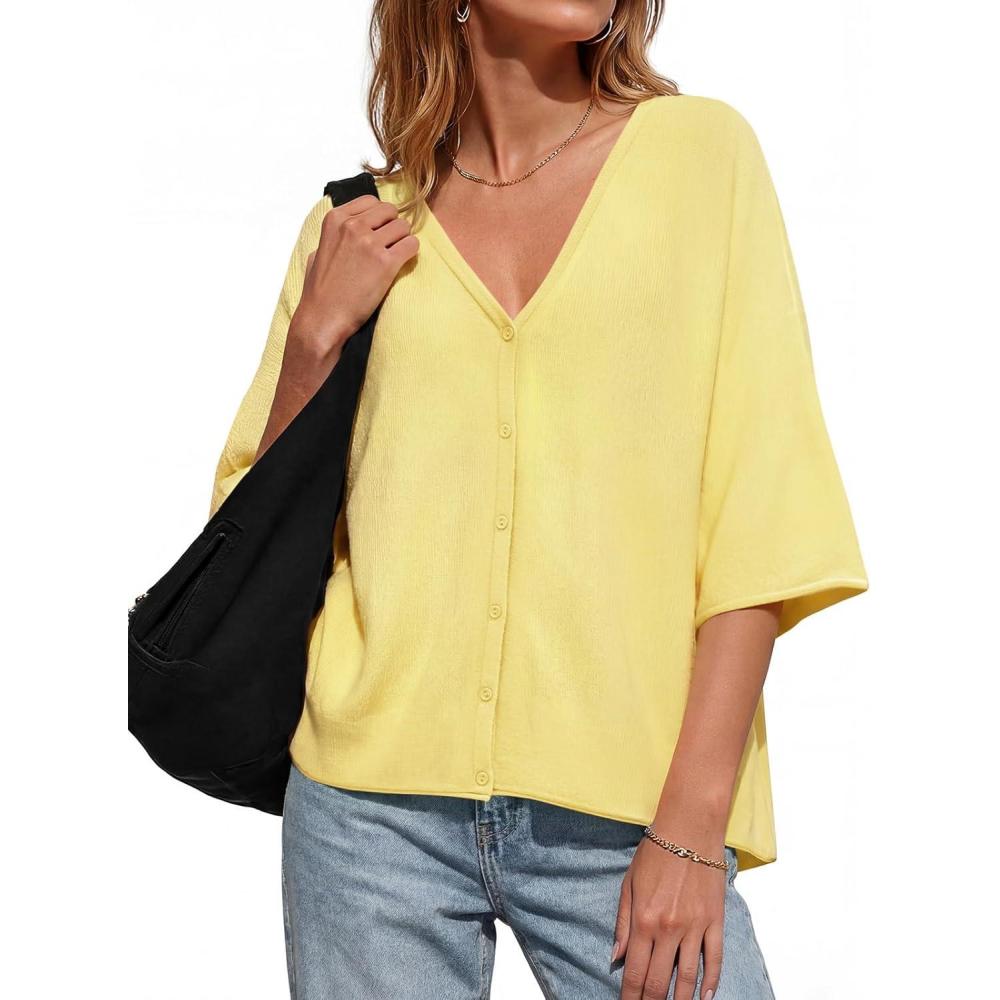image:imageSaodimallsu Womens Oversized Cardigans Summer Batwing Half Sleeve Lightweight Knit Button V Neck Casual Sweater TopsYellow