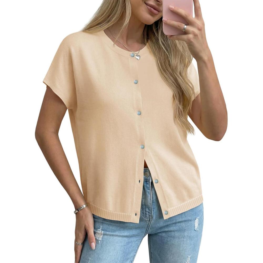 image:imageSaodimallsu Womens Oversized Cardigans Summer Short Sleeve Lightweight Knit Button Down Crew Neck Casual Sweater TopsApricot
