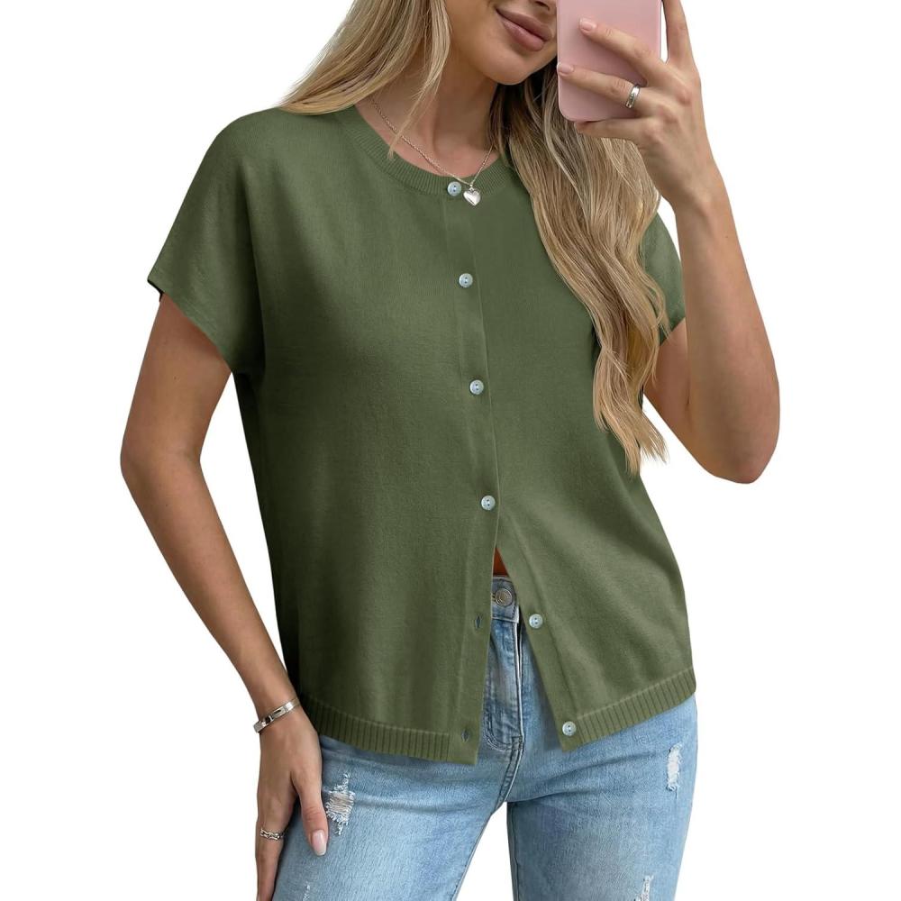 image:imageSaodimallsu Womens Oversized Cardigans Summer Short Sleeve Lightweight Knit Button Down Crew Neck Casual Sweater TopsArmy Green