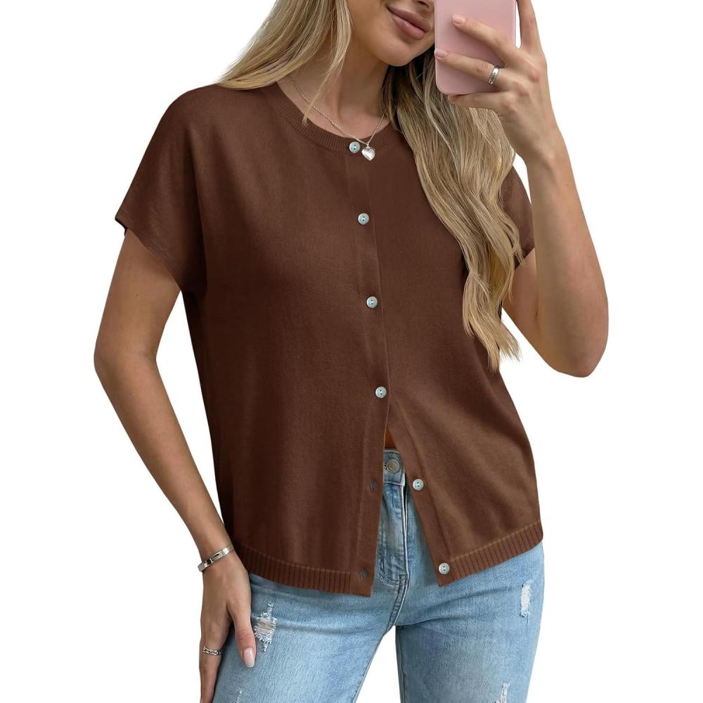 image:imageSaodimallsu Womens Oversized Cardigans Summer Short Sleeve Lightweight Knit Button Down Crew Neck Casual Sweater TopsCoffee