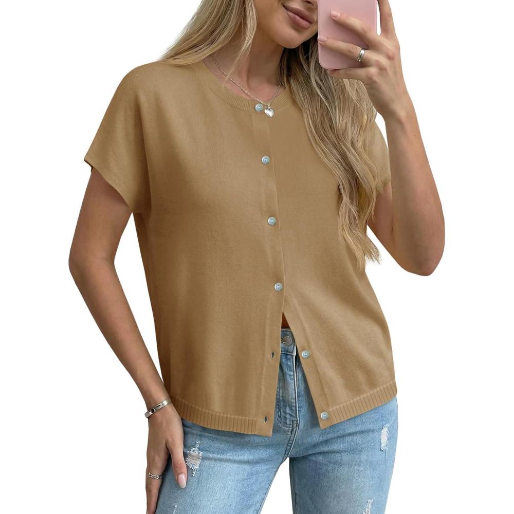 image:imageSaodimallsu Womens Oversized Cardigans Summer Short Sleeve Lightweight Knit Button Down Crew Neck Casual Sweater TopsDark Khaki