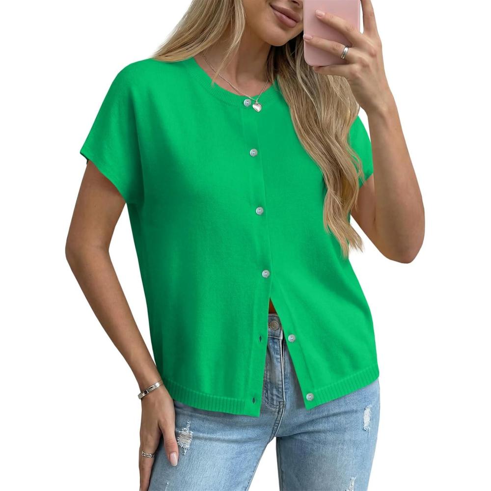 image:imageSaodimallsu Womens Oversized Cardigans Summer Short Sleeve Lightweight Knit Button Down Crew Neck Casual Sweater TopsGreen