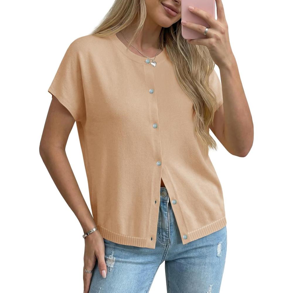 image:imageSaodimallsu Womens Oversized Cardigans Summer Short Sleeve Lightweight Knit Button Down Crew Neck Casual Sweater TopsKhaki