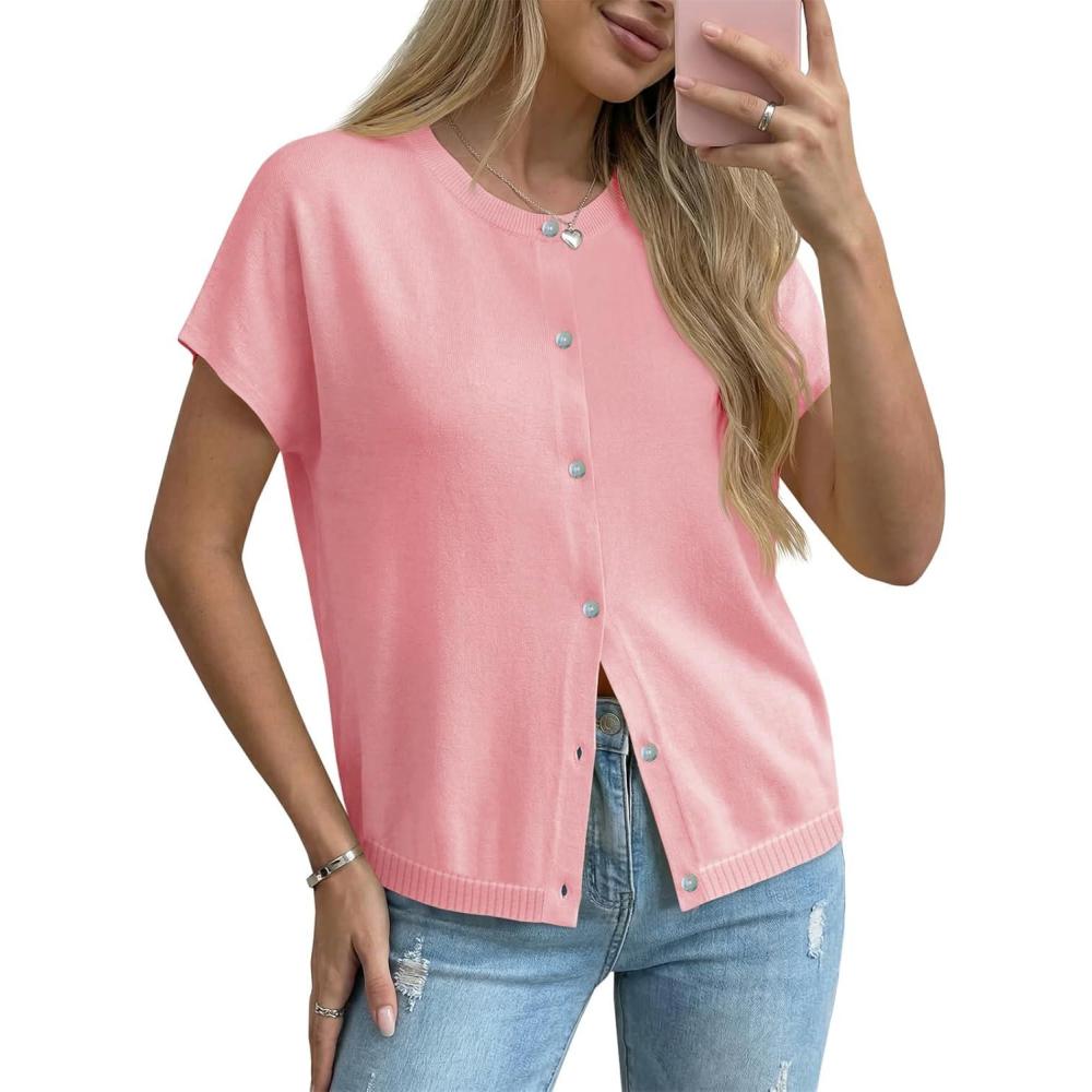image:imageSaodimallsu Womens Oversized Cardigans Summer Short Sleeve Lightweight Knit Button Down Crew Neck Casual Sweater TopsPink