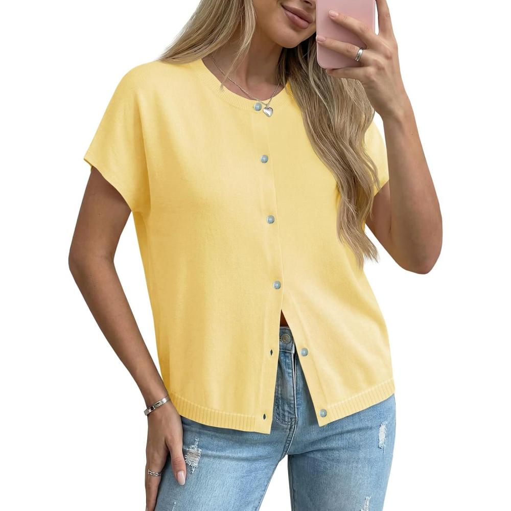 image:imageSaodimallsu Womens Oversized Cardigans Summer Short Sleeve Lightweight Knit Button Down Crew Neck Casual Sweater TopsYellow