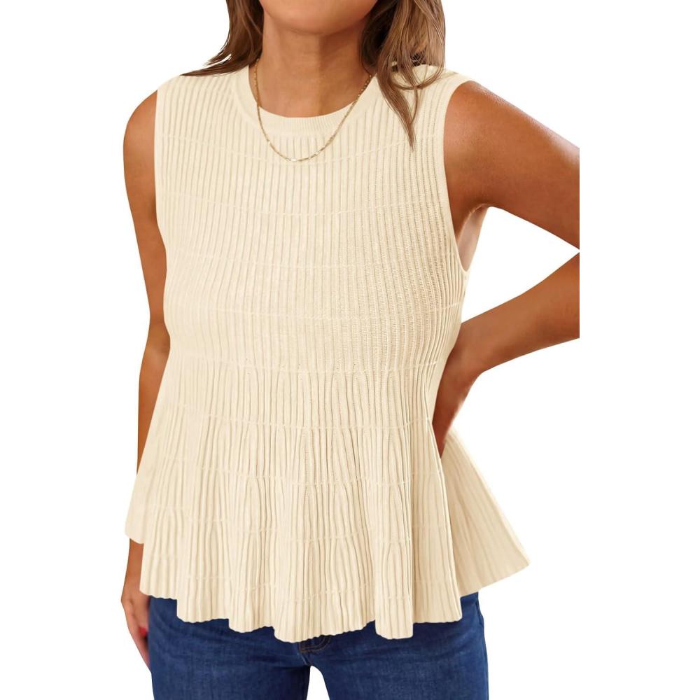 image:imageSaodimallsu Womens Peplum Ribbed Tank Tops Cute Sleeveless Knit Ruffle Crew Neck 2026 Summer Sweater VestBeige