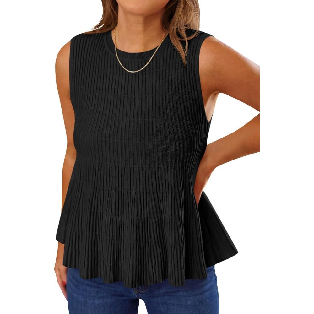 image:imageSaodimallsu Womens Peplum Ribbed Tank Tops Cute Sleeveless Knit Ruffle Crew Neck 2026 Summer Sweater VestBlack