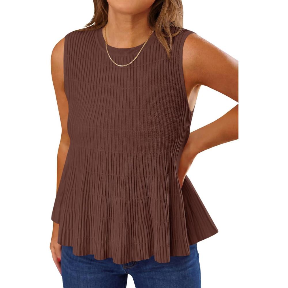 image:imageSaodimallsu Womens Peplum Ribbed Tank Tops Cute Sleeveless Knit Ruffle Crew Neck 2026 Summer Sweater VestCoffee