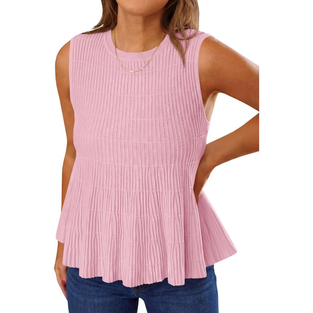 image:imageSaodimallsu Womens Peplum Ribbed Tank Tops Cute Sleeveless Knit Ruffle Crew Neck 2026 Summer Sweater VestPink