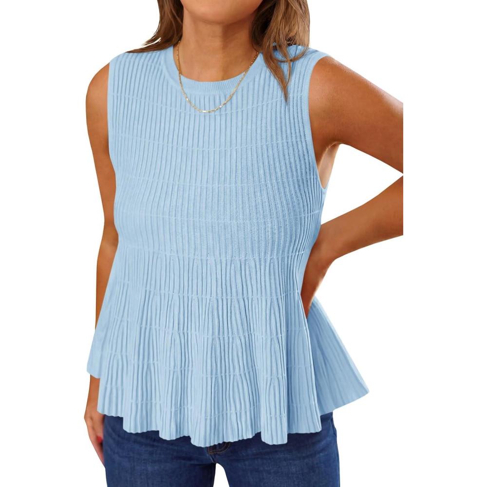 image:imageSaodimallsu Womens Peplum Ribbed Tank Tops Cute Sleeveless Knit Ruffle Crew Neck 2026 Summer Sweater VestSky Blue