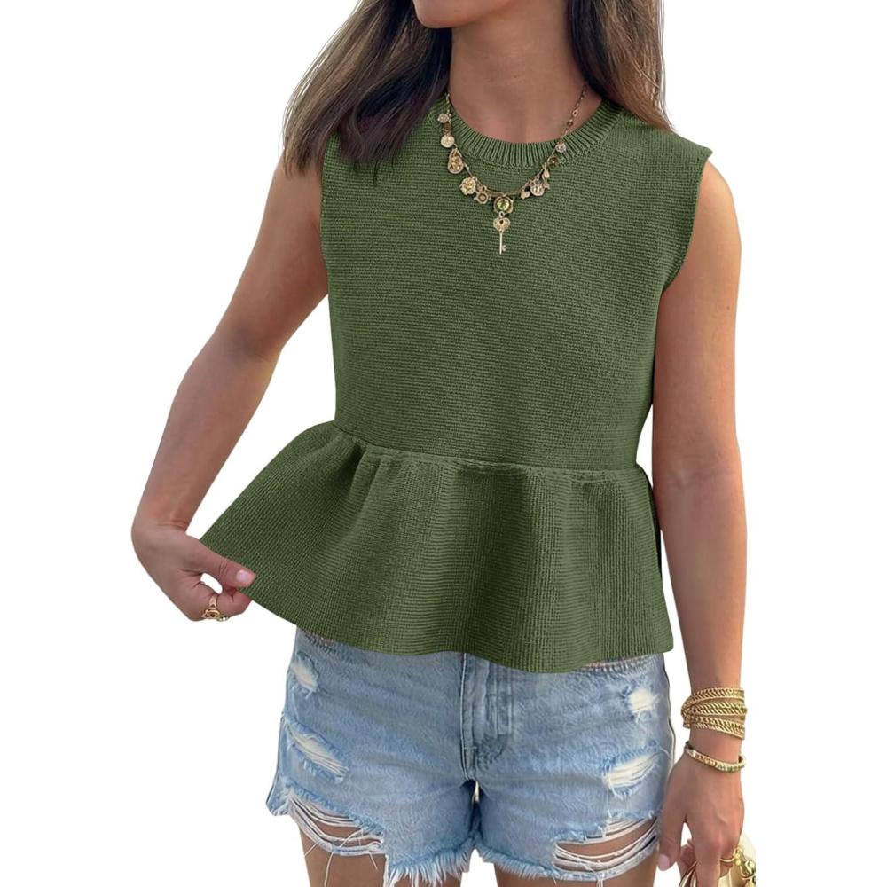 image:imageSaodimallsu Womens Peplum Tank Tops Ribbed Knit Babydoll Sleeveless Crop Tops Sweater Vest 2026 Country Concert OutfitArmy Green