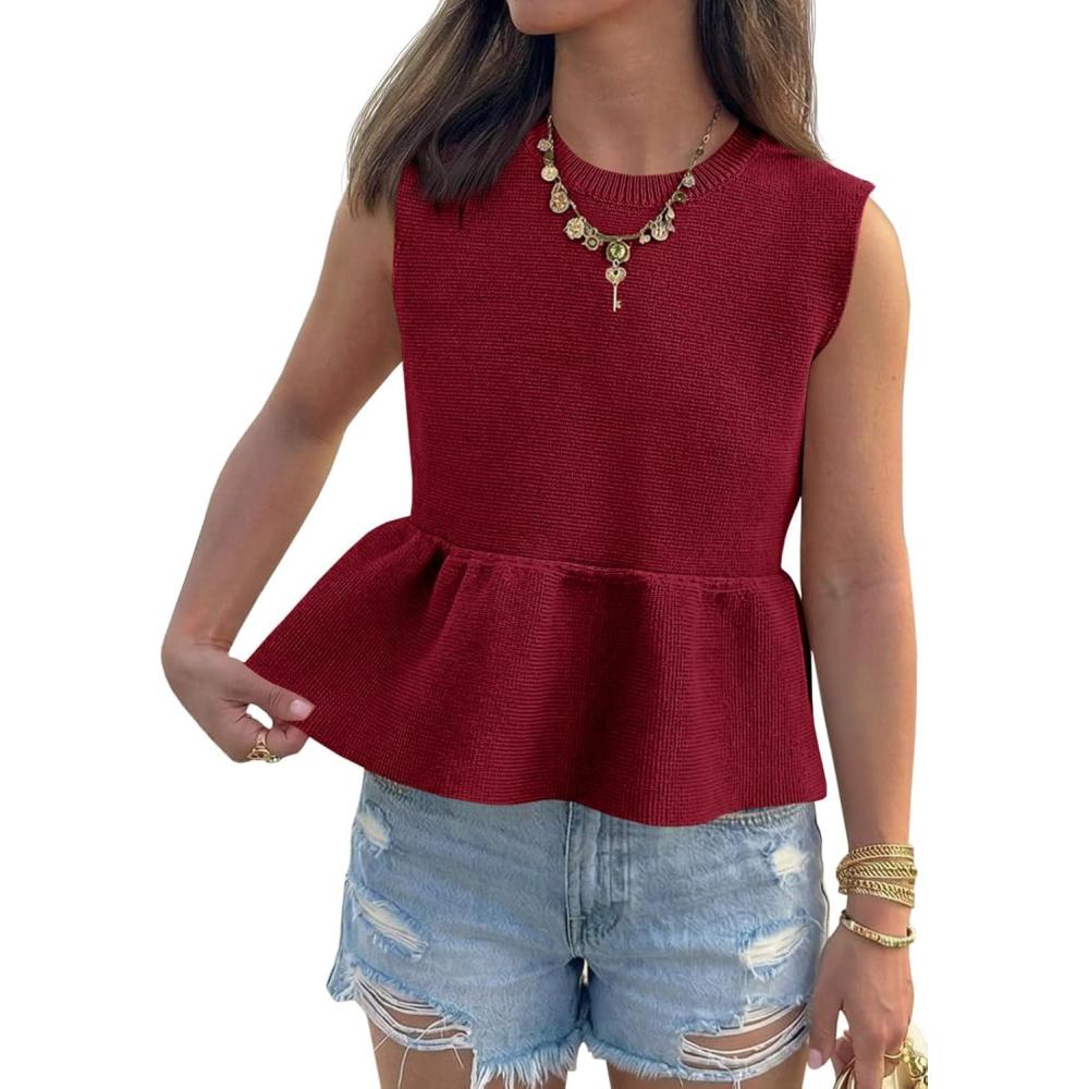 image:imageSaodimallsu Womens Peplum Tank Tops Ribbed Knit Babydoll Sleeveless Crop Tops Sweater Vest 2026 Country Concert OutfitBurgundy