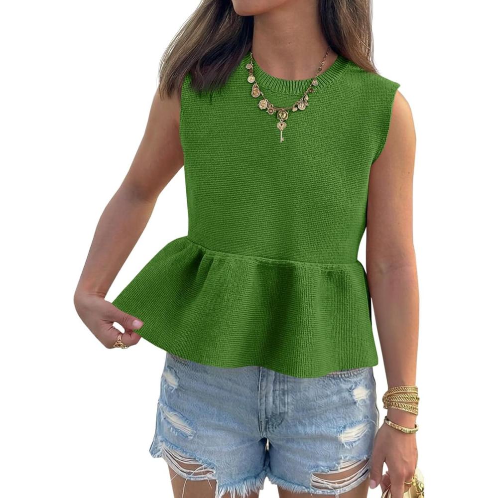 image:imageSaodimallsu Womens Peplum Tank Tops Ribbed Knit Babydoll Sleeveless Crop Tops Sweater Vest 2026 Country Concert OutfitGreen