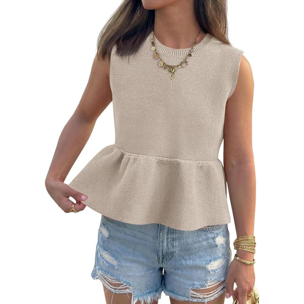 image:imageSaodimallsu Womens Peplum Tank Tops Ribbed Knit Babydoll Sleeveless Crop Tops Sweater Vest 2026 Country Concert OutfitKhaki