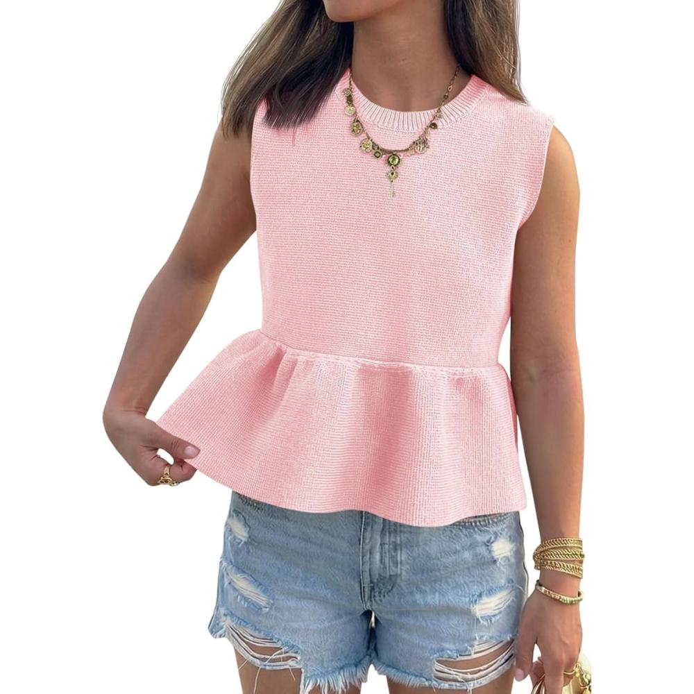 image:imageSaodimallsu Womens Peplum Tank Tops Ribbed Knit Babydoll Sleeveless Crop Tops Sweater Vest 2026 Country Concert OutfitPink