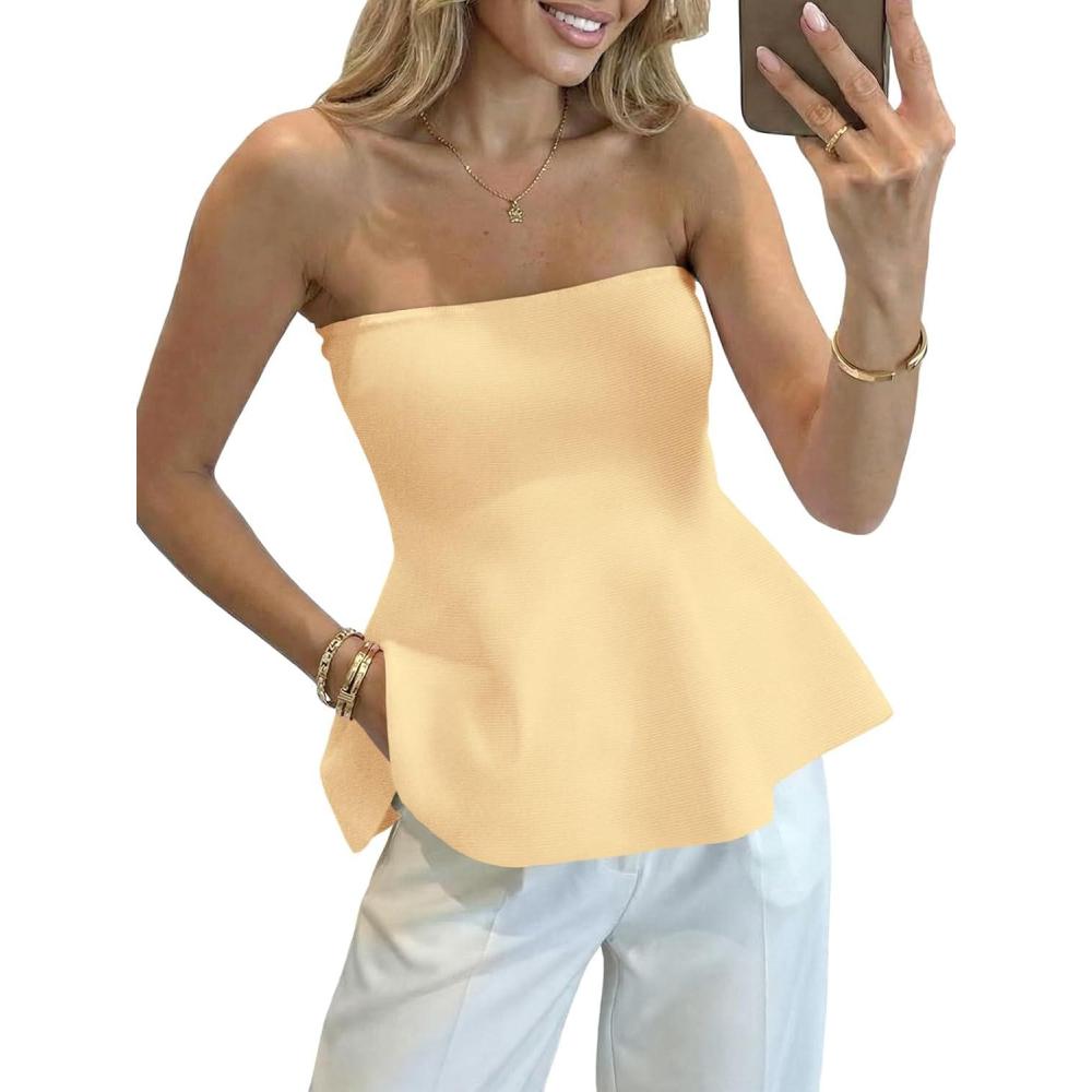 image:imageSaodimallsu Womens Peplum Tube Tops Sleeveless Strapless Bandeau Tank Top 2026 Summer Cute Ruffle Knit Sweater VestBeige