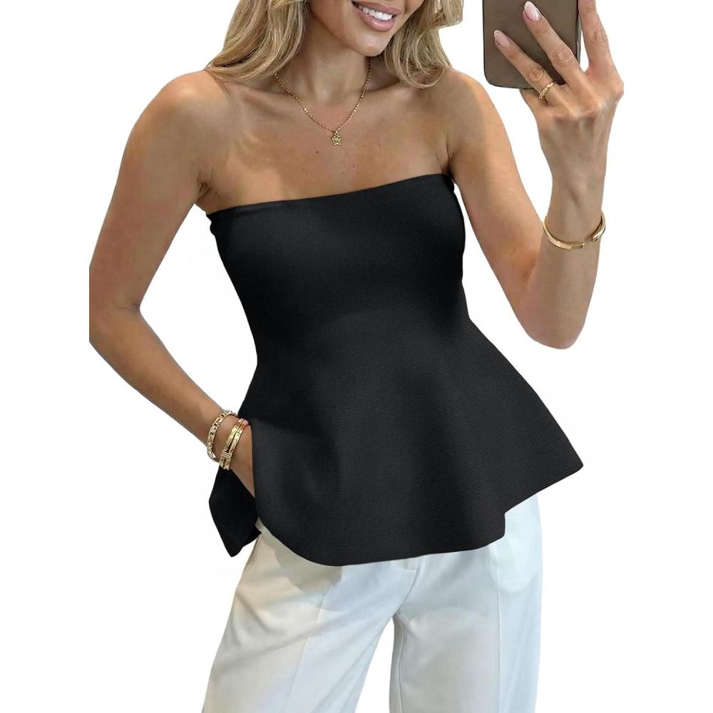 image:imageSaodimallsu Womens Peplum Tube Tops Sleeveless Strapless Bandeau Tank Top 2026 Summer Cute Ruffle Knit Sweater VestBlack