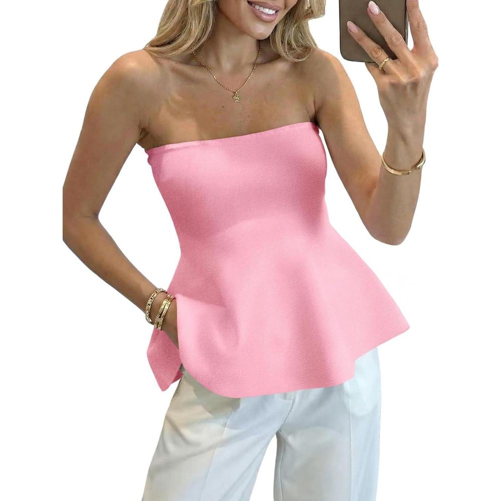 image:imageSaodimallsu Womens Peplum Tube Tops Sleeveless Strapless Bandeau Tank Top 2026 Summer Cute Ruffle Knit Sweater VestPink