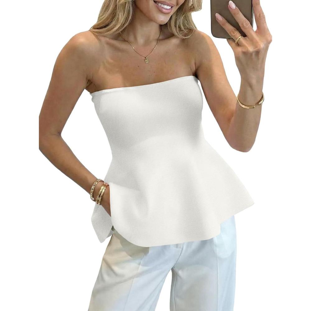 image:imageSaodimallsu Womens Peplum Tube Tops Sleeveless Strapless Bandeau Tank Top 2026 Summer Cute Ruffle Knit Sweater VestWhite