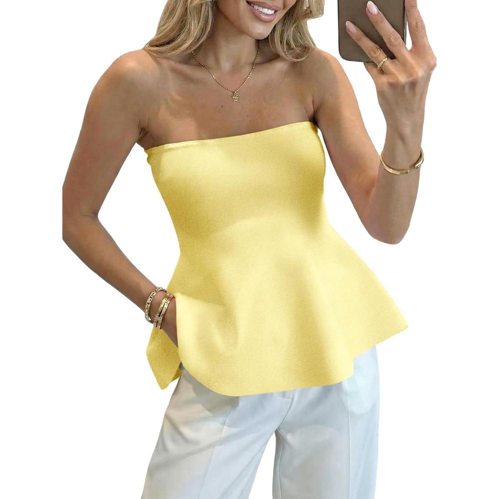 image:imageSaodimallsu Womens Peplum Tube Tops Sleeveless Strapless Bandeau Tank Top 2026 Summer Cute Ruffle Knit Sweater VestYellow