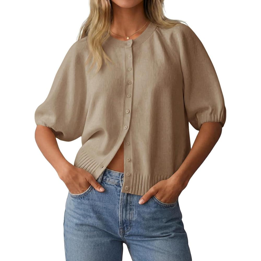 image:imageSaodimallsu Womens Puff Half Sleeve Cardigan Lightweight Knit 2026 Spring Summer Crew Neck Button Down Sweater TopsKhaki