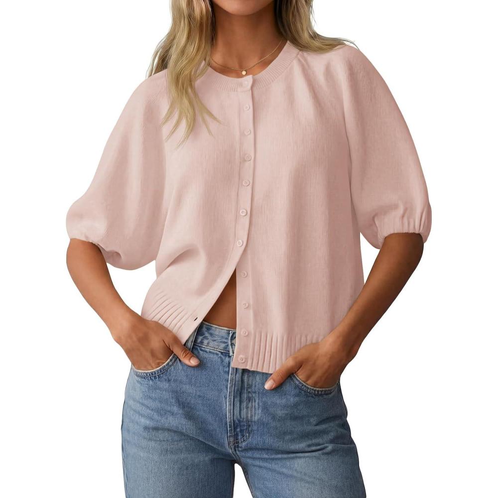 image:imageSaodimallsu Womens Puff Half Sleeve Cardigan Lightweight Knit 2026 Spring Summer Crew Neck Button Down Sweater TopsLight Pink