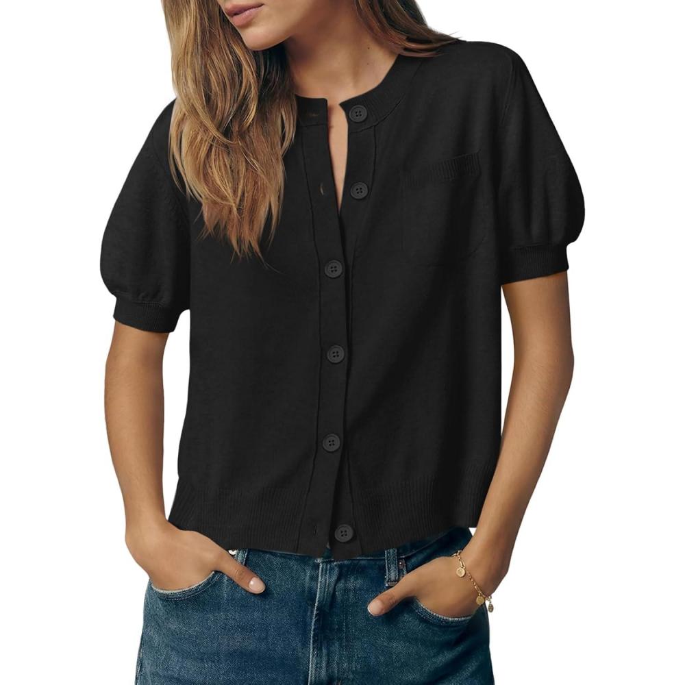 image:imageSaodimallsu Womens Puff Short Sleeve Cardigans Crew Neck Button Down Lightweight Casual Summer Knit Sweater TopsBlack