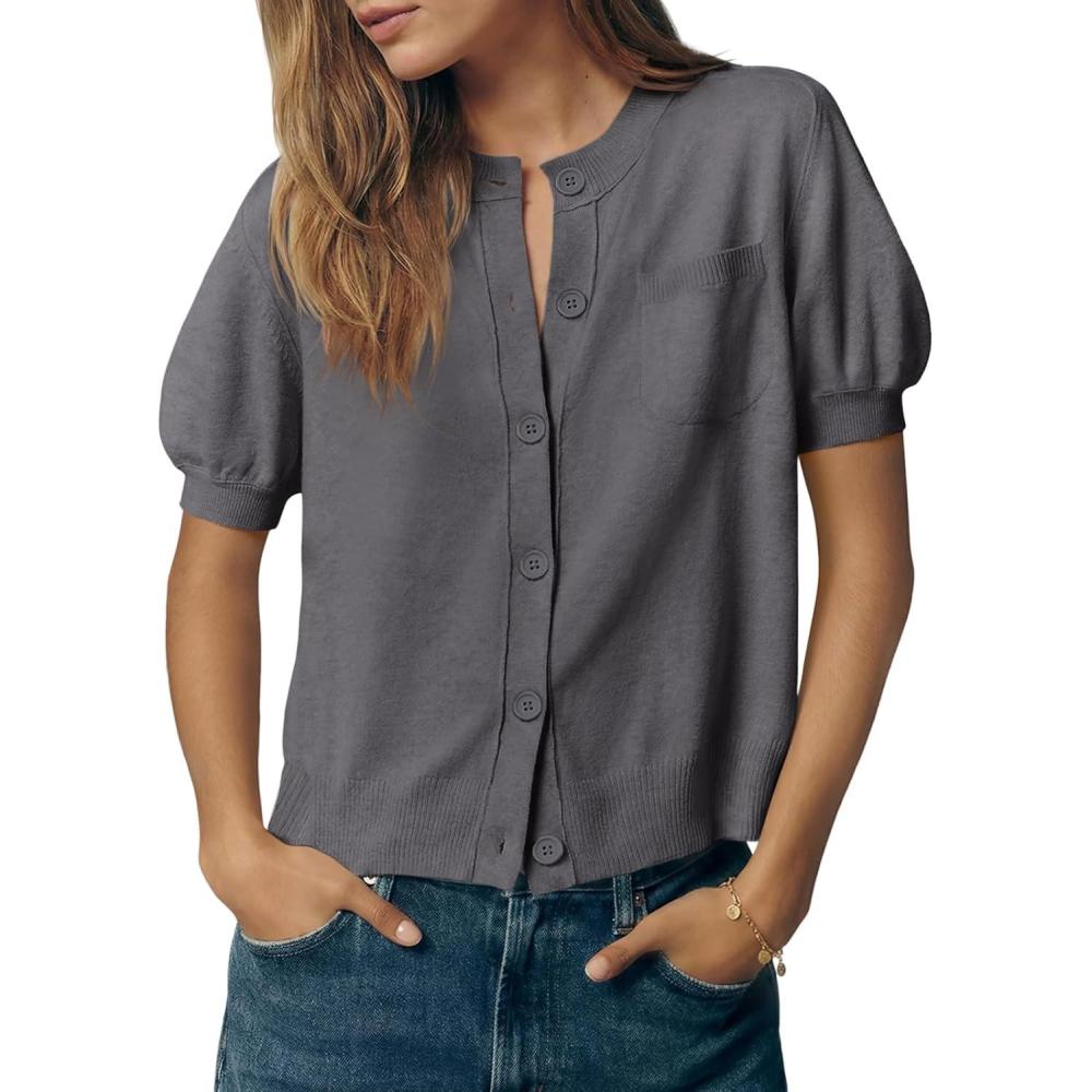 image:imageSaodimallsu Womens Puff Short Sleeve Cardigans Crew Neck Button Down Lightweight Casual Summer Knit Sweater TopsDark Gray