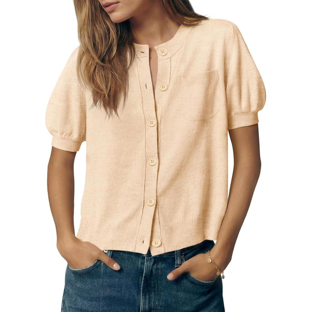 image:imageSaodimallsu Womens Puff Short Sleeve Cardigans Crew Neck Button Down Lightweight Casual Summer Knit Sweater TopsLight Khaki