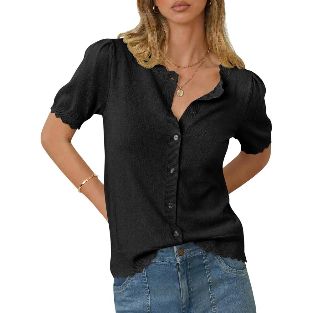image:imageSaodimallsu Womens Puff Short Sleeve Cardigans Lightweight Button Down Shirts Crew Neck Casual Knit Sweater TopsBlack