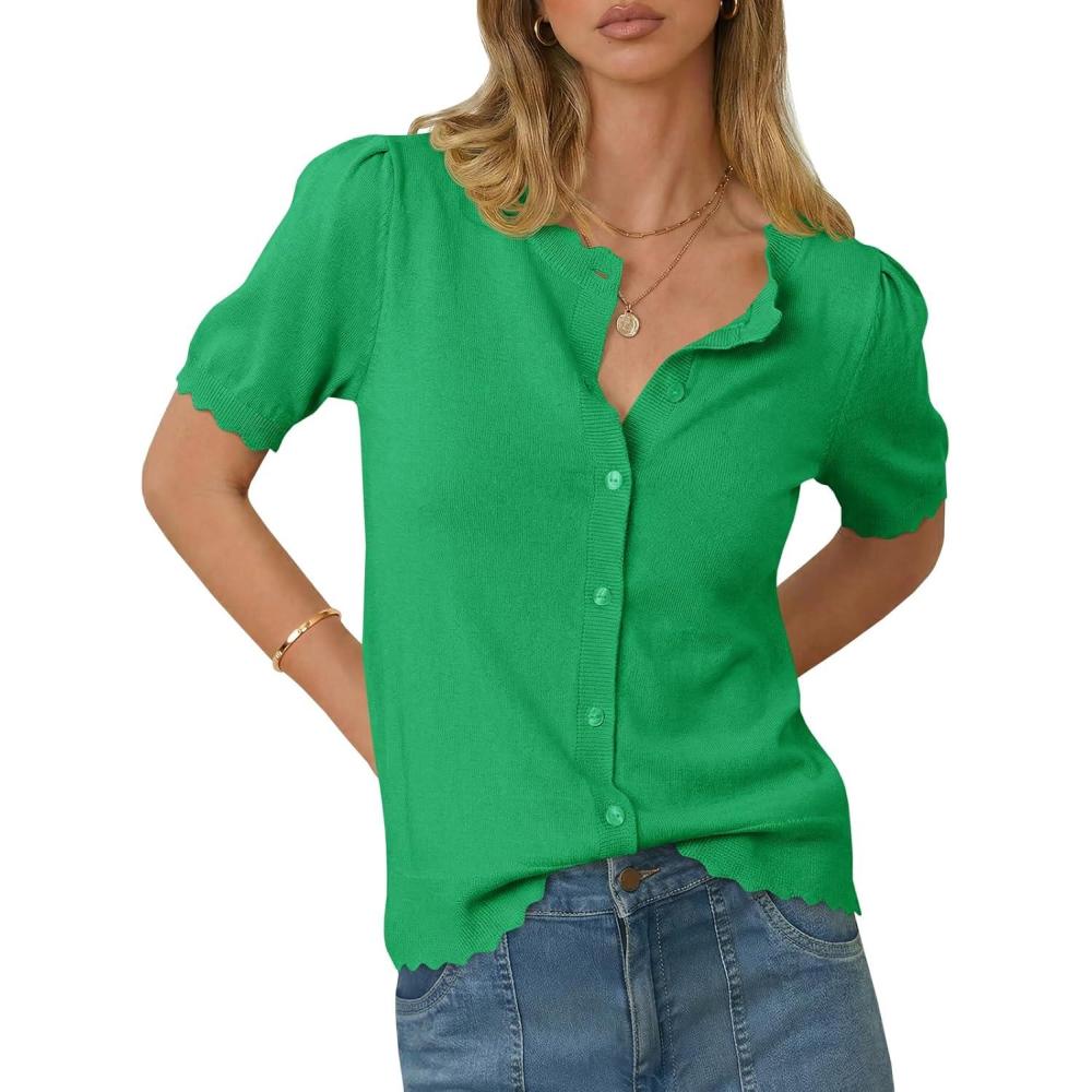 image:imageSaodimallsu Womens Puff Short Sleeve Cardigans Lightweight Button Down Shirts Crew Neck Casual Knit Sweater TopsGreen