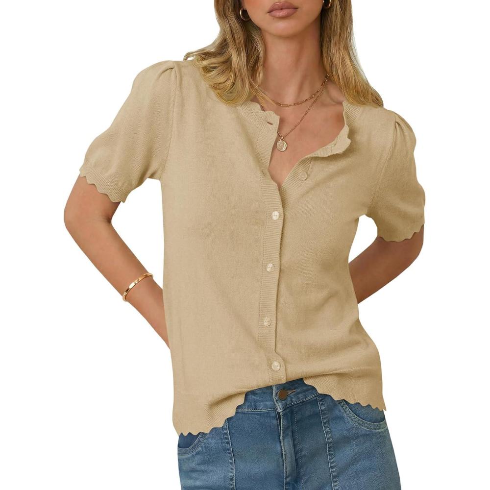 image:imageSaodimallsu Womens Puff Short Sleeve Cardigans Lightweight Button Down Shirts Crew Neck Casual Knit Sweater TopsKhaki