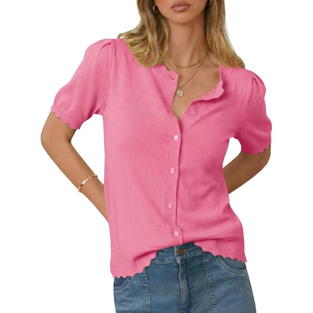 image:imageSaodimallsu Womens Puff Short Sleeve Cardigans Lightweight Button Down Shirts Crew Neck Casual Knit Sweater TopsPink