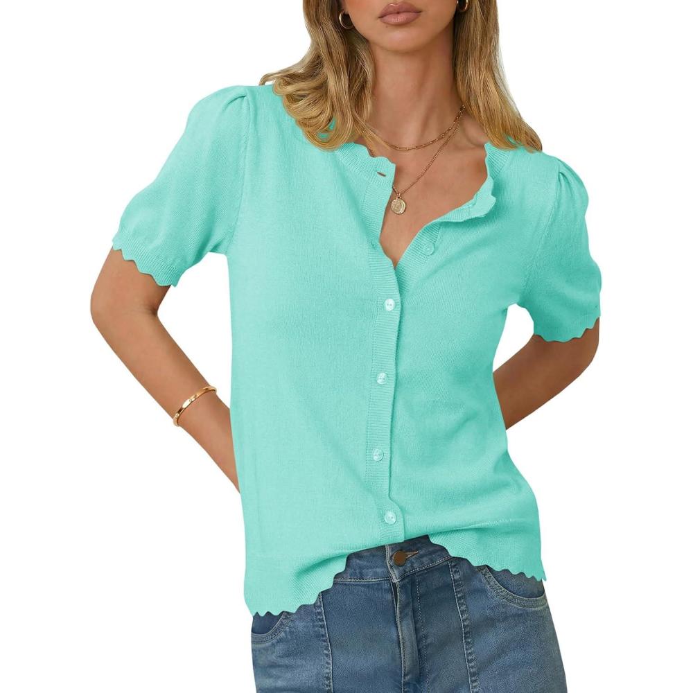 image:imageSaodimallsu Womens Puff Short Sleeve Cardigans Lightweight Button Down Shirts Crew Neck Casual Knit Sweater TopsTeal