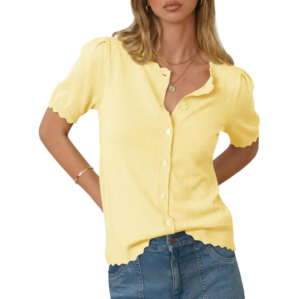 image:imageSaodimallsu Womens Puff Short Sleeve Cardigans Lightweight Button Down Shirts Crew Neck Casual Knit Sweater TopsYellow