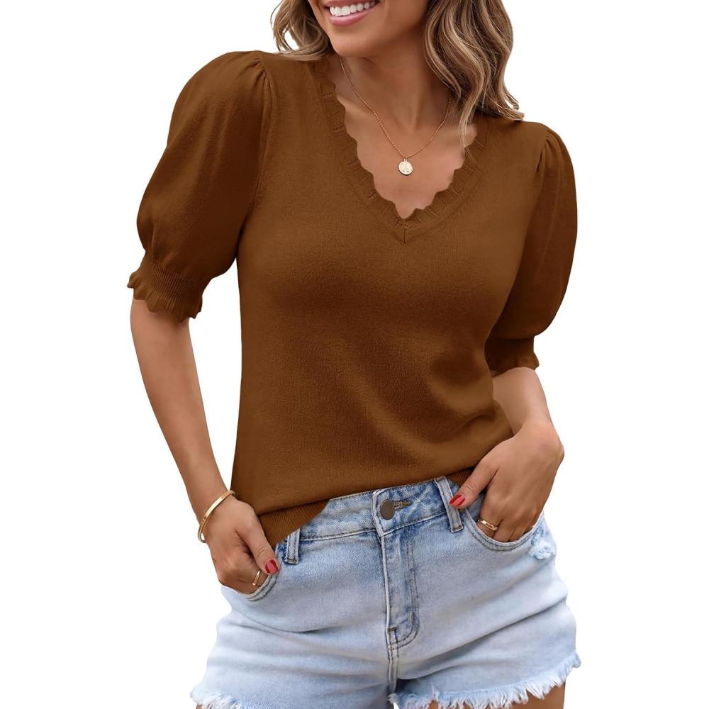image:imageSaodimallsu Womens Puff Short Sleeve Sweater Tops V Neck Ruffle Trendy Casual Knit Pullover T Shirts BlousesCoffee