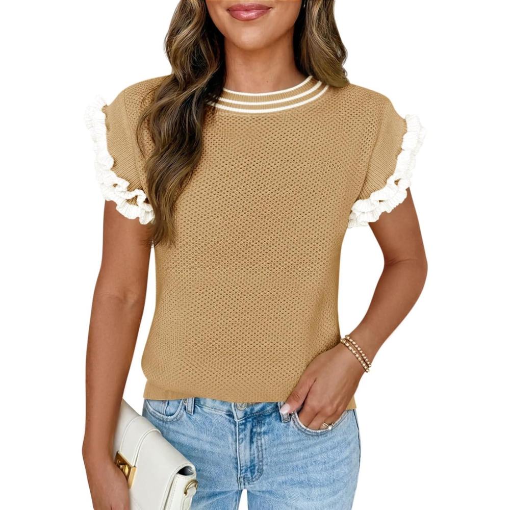 image:imageSaodimallsu Womens Ruffle Short Sleeve Sweaters Casual Crew Neck Color Block Loose Knit Summer Trendy Pullover TopsKhaki