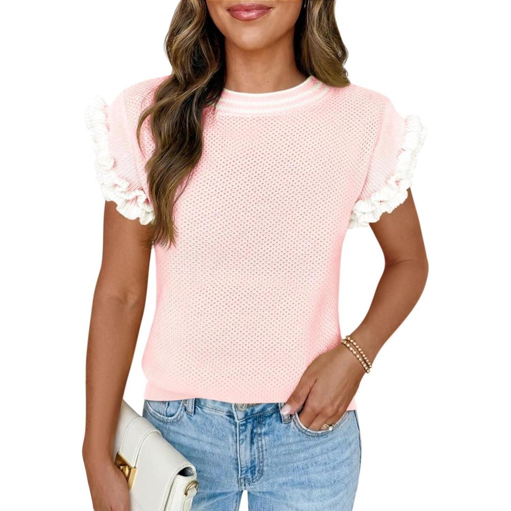 image:imageSaodimallsu Womens Ruffle Short Sleeve Sweaters Casual Crew Neck Color Block Loose Knit Summer Trendy Pullover TopsPink