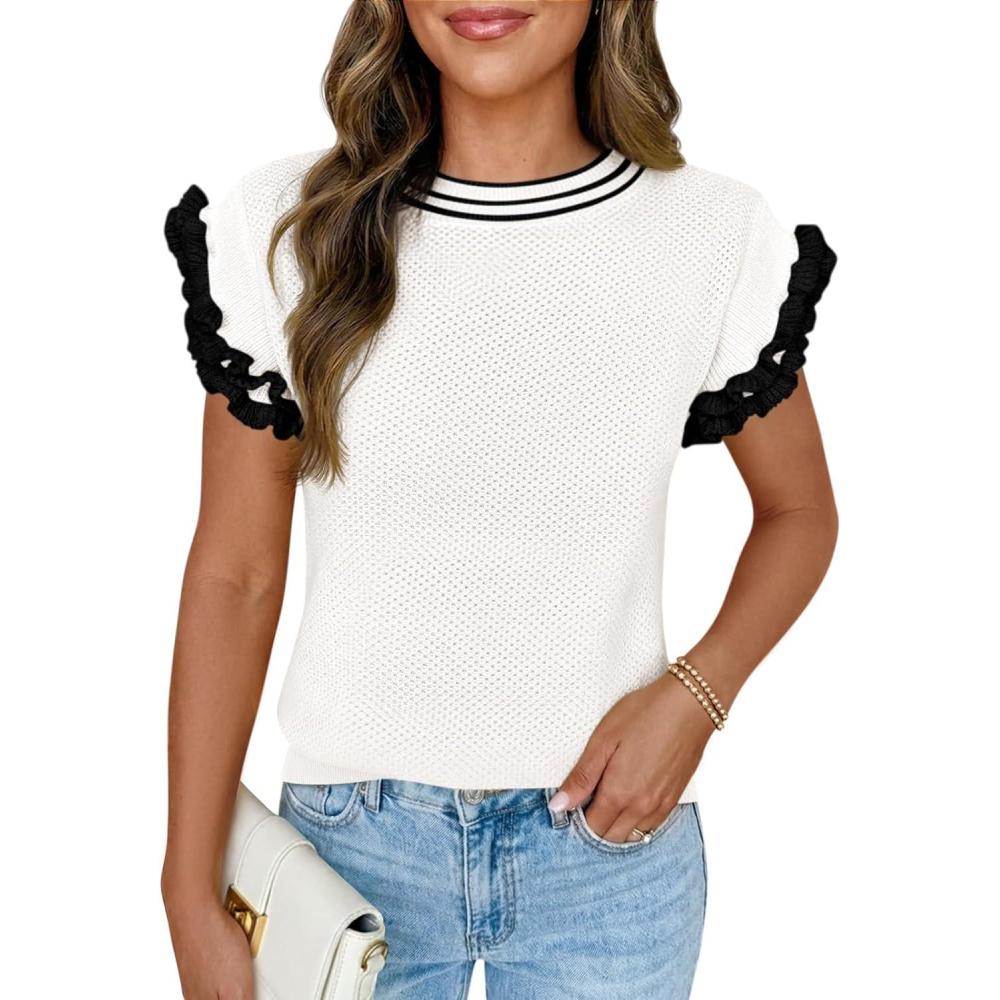 image:imageSaodimallsu Womens Ruffle Short Sleeve Sweaters Casual Crew Neck Color Block Loose Knit Summer Trendy Pullover TopsWhite