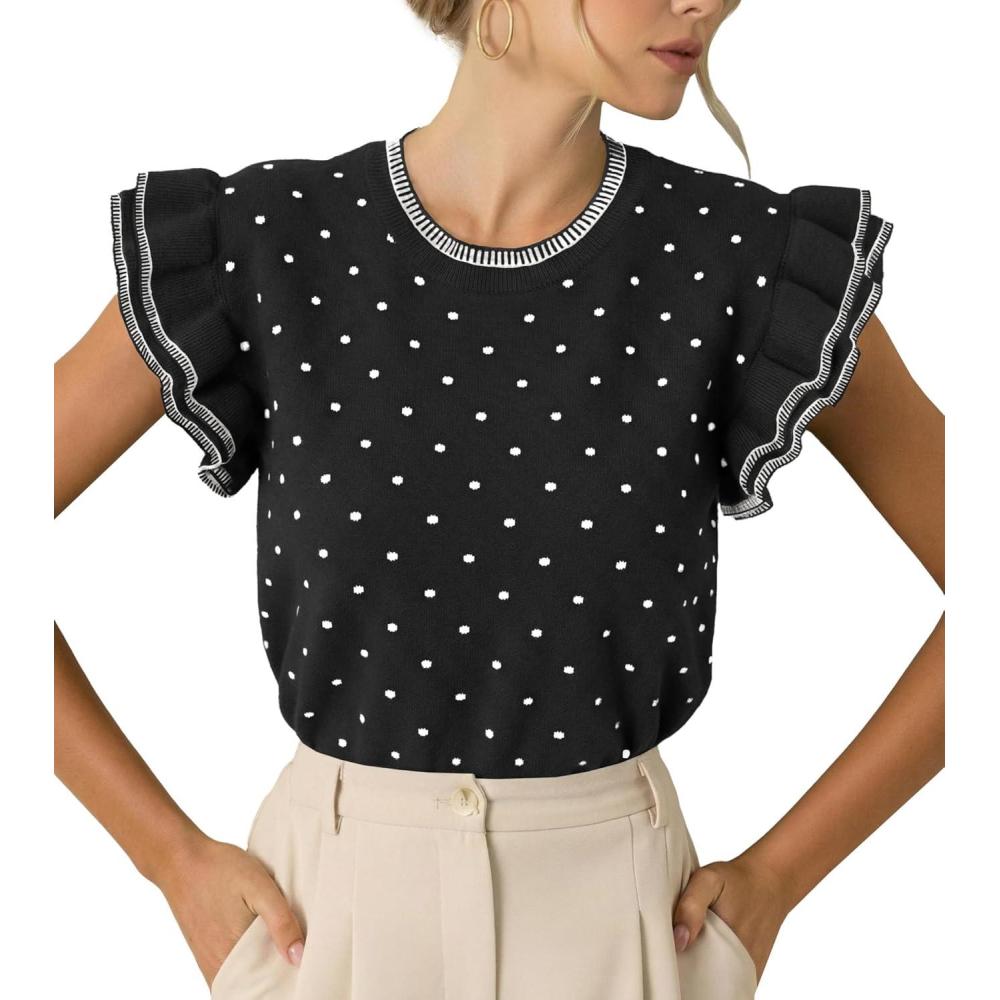 image:imageSaodimallsu Womens Ruffle Short Sleeve Sweaters Polka Dots Casual Crew Neck Flutter Sleeve Knit Summer TopsBlack