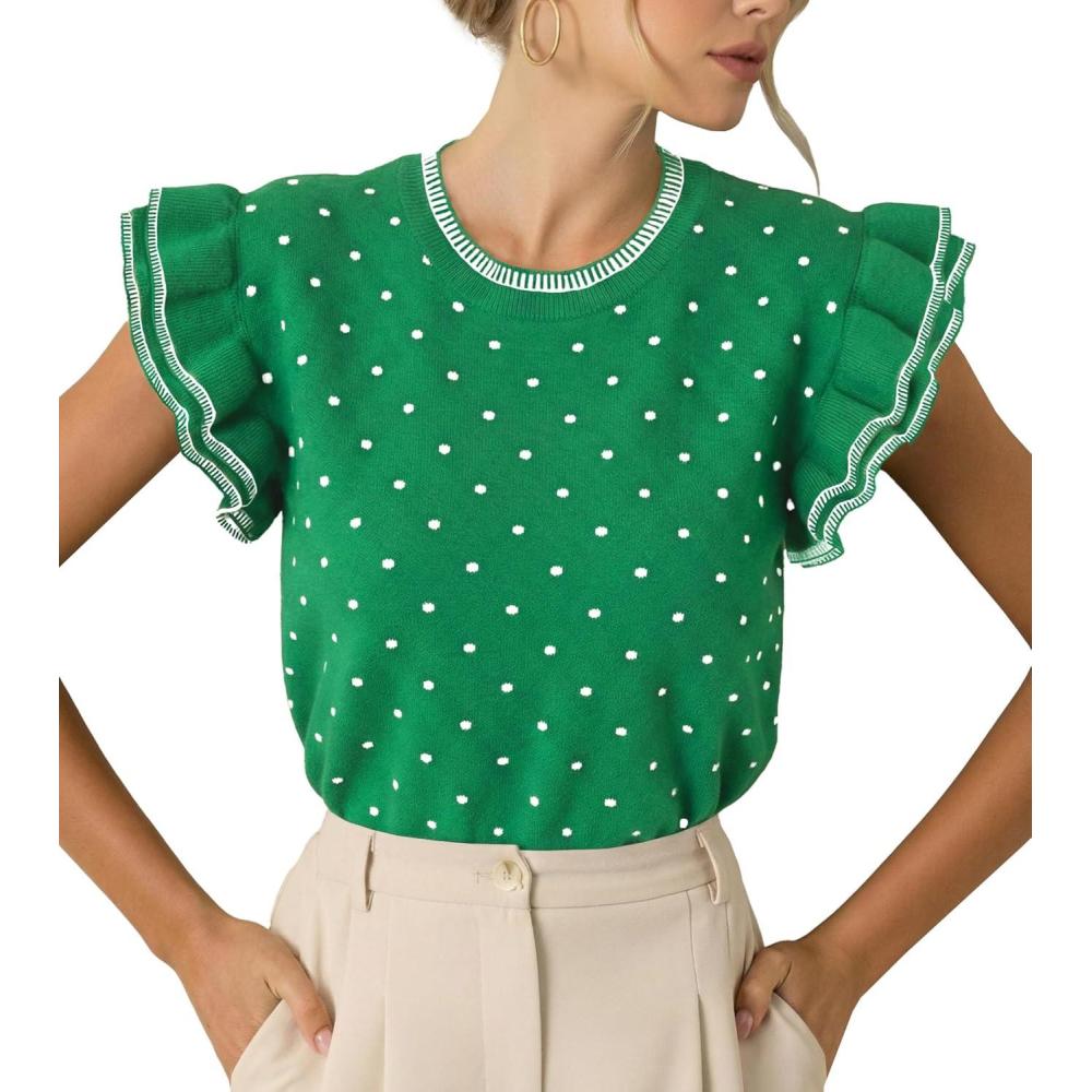 image:imageSaodimallsu Womens Ruffle Short Sleeve Sweaters Polka Dots Casual Crew Neck Flutter Sleeve Knit Summer TopsGreen