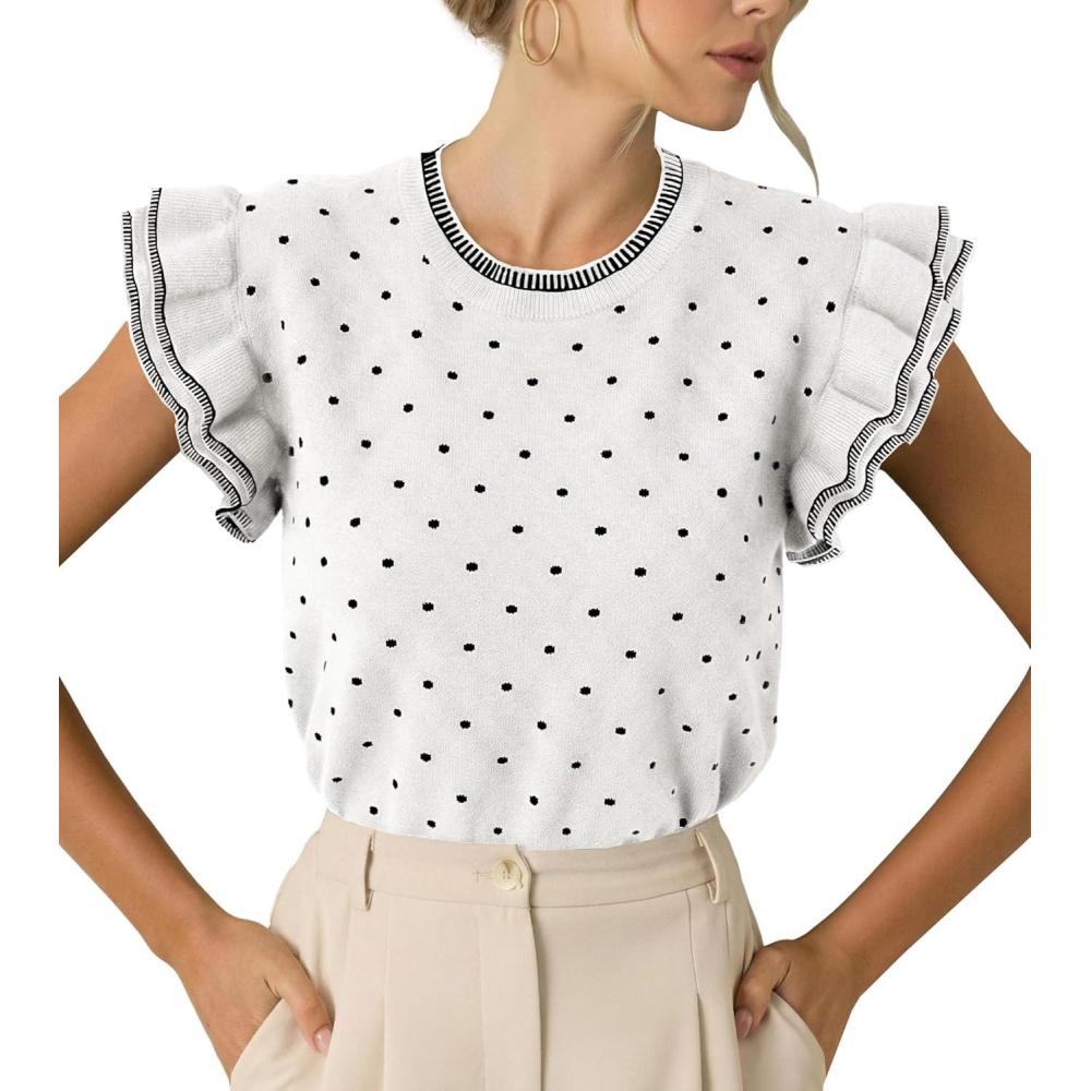image:imageSaodimallsu Womens Ruffle Short Sleeve Sweaters Polka Dots Casual Crew Neck Flutter Sleeve Knit Summer TopsWhite