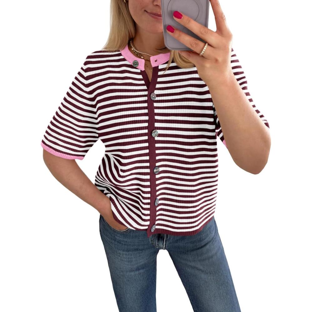image:imageSaodimallsu Womens Short Sleeve Cardigans Lightweight Striped Button Down Crew Neck Spring Summer Sweater TopsBurgundy