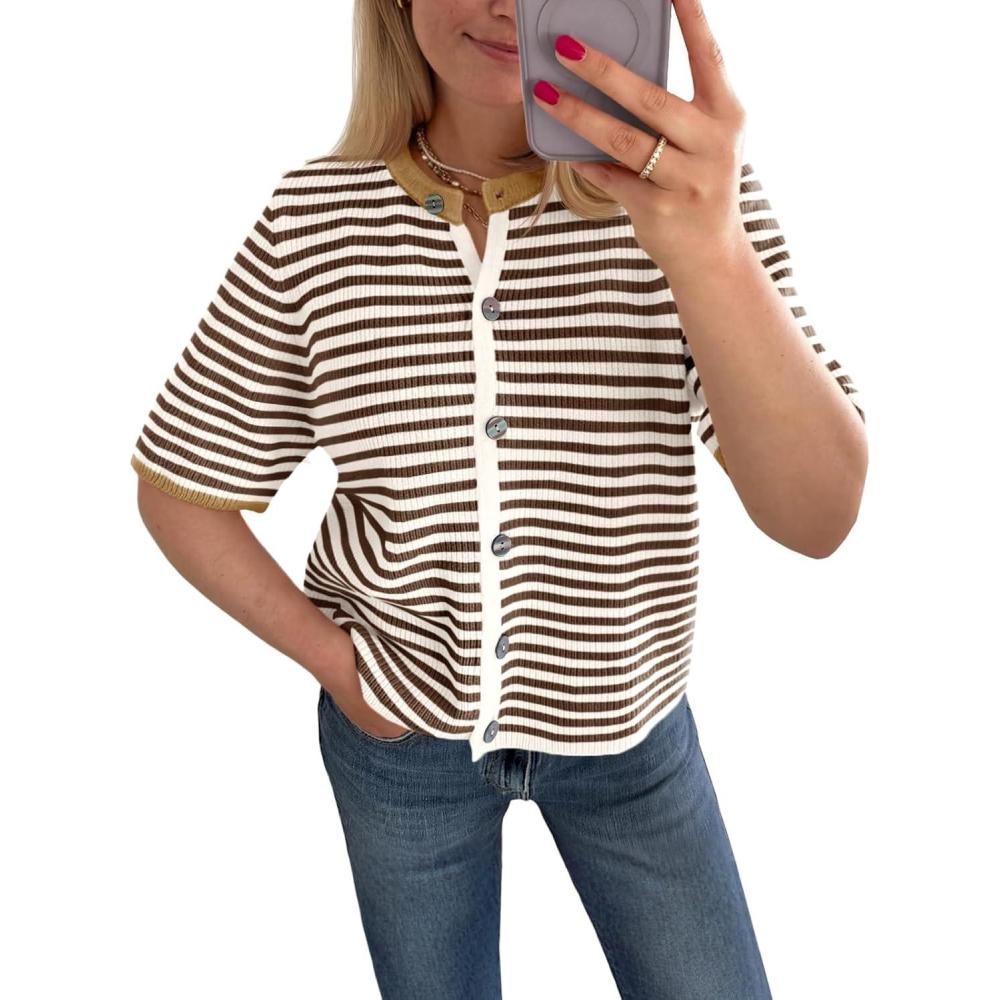 image:imageSaodimallsu Womens Short Sleeve Cardigans Lightweight Striped Button Down Crew Neck Spring Summer Sweater TopsKhaki