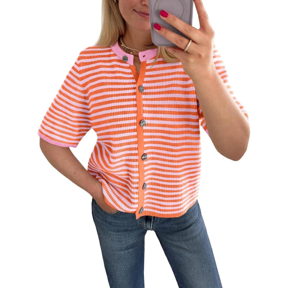 image:imageSaodimallsu Womens Short Sleeve Cardigans Lightweight Striped Button Down Crew Neck Spring Summer Sweater TopsOrange