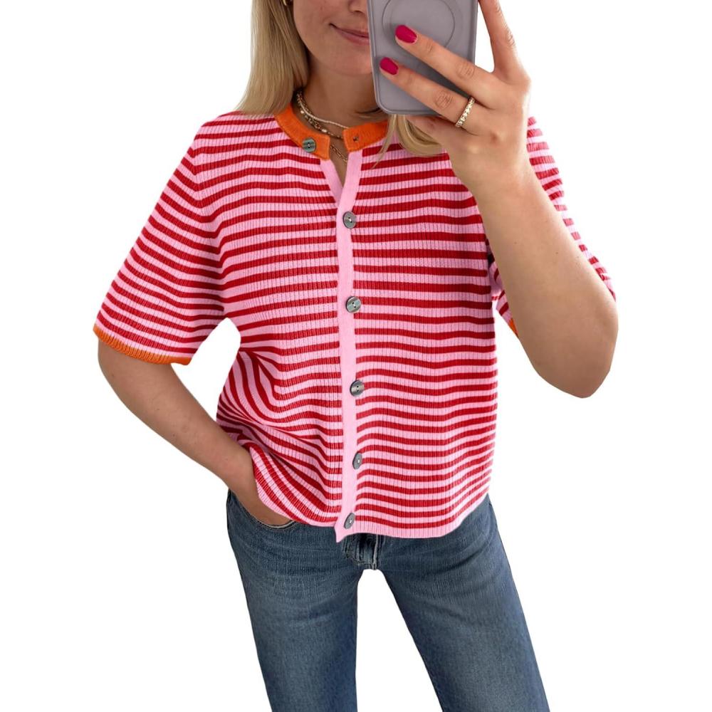 image:imageSaodimallsu Womens Short Sleeve Cardigans Lightweight Striped Button Down Crew Neck Spring Summer Sweater TopsPink