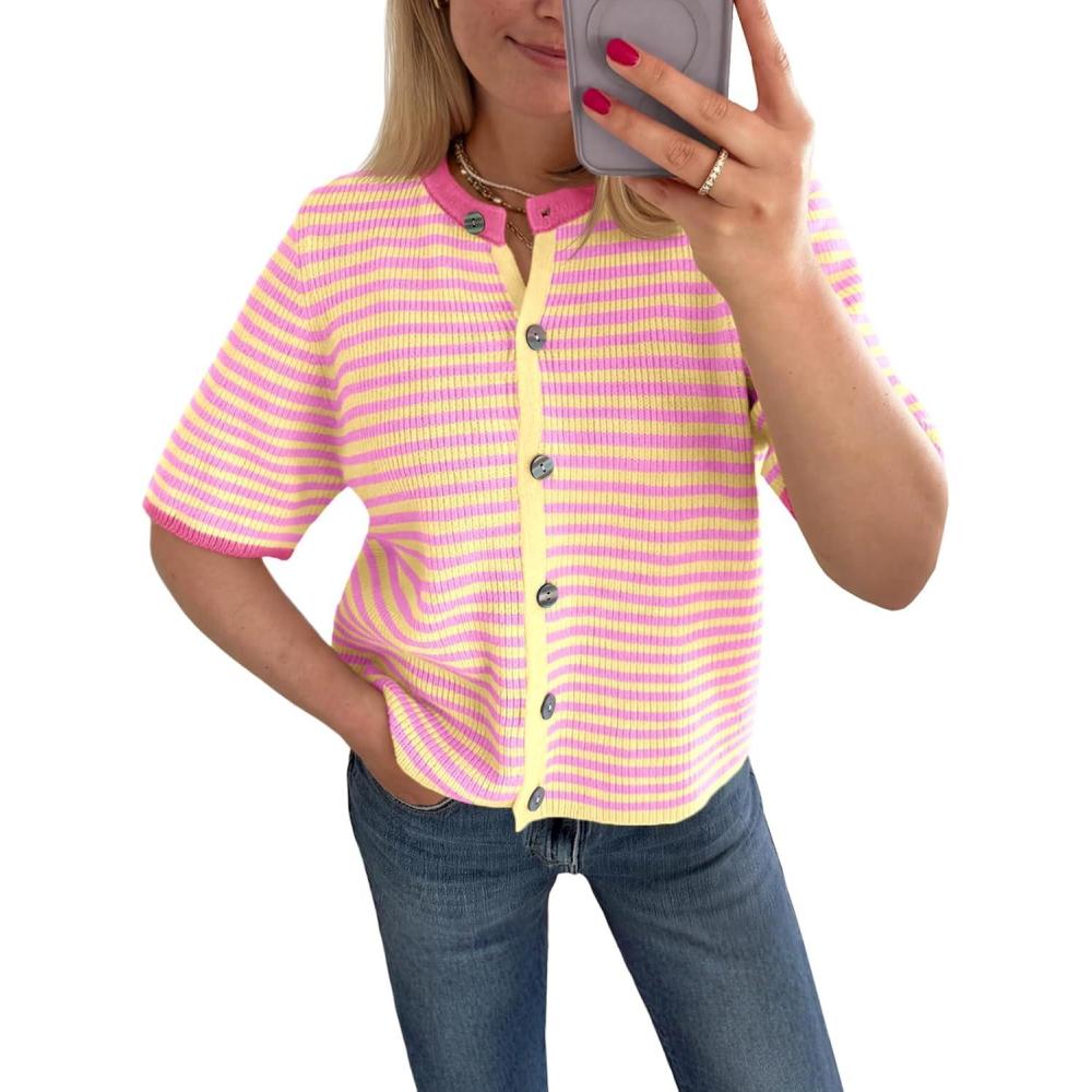 image:imageSaodimallsu Womens Short Sleeve Cardigans Lightweight Striped Button Down Crew Neck Spring Summer Sweater TopsYellow