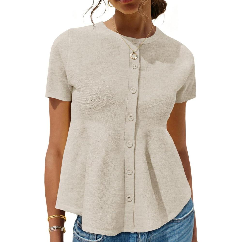image:imageSaodimallsu Womens Short Sleeve Cardigans Ruffle Button Down Crew Neck Peplum Babydoll Knit Sweater TopsApricot