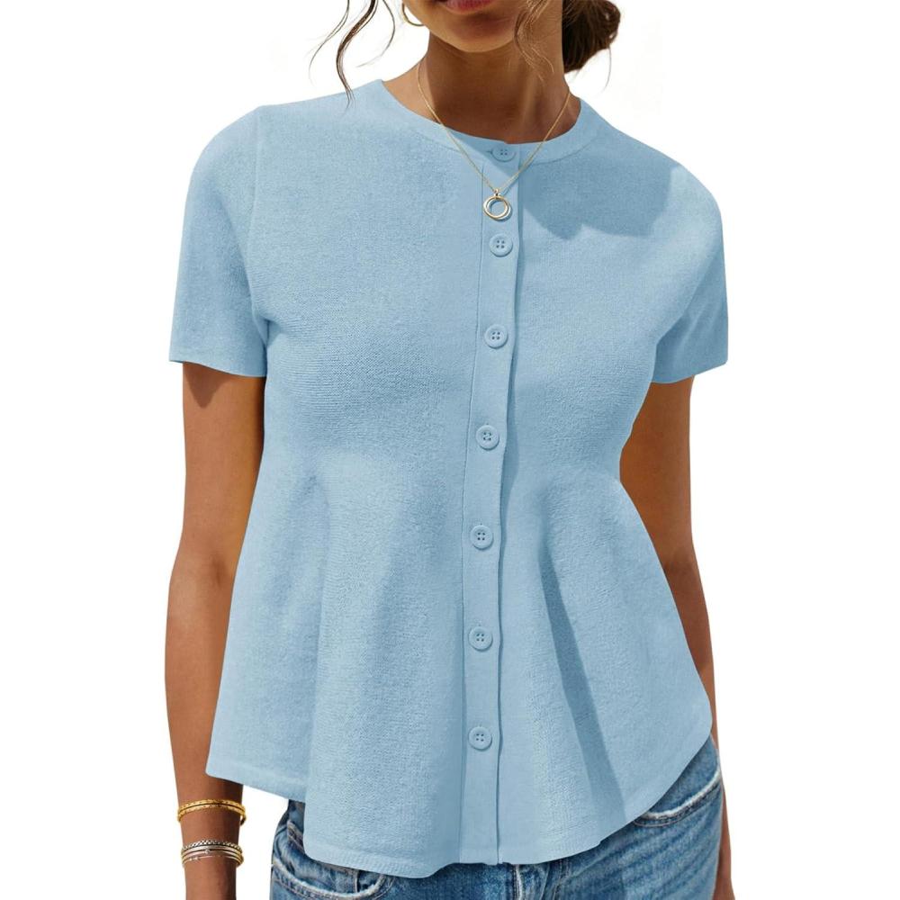 image:imageSaodimallsu Womens Short Sleeve Cardigans Ruffle Button Down Crew Neck Peplum Babydoll Knit Sweater TopsBlue