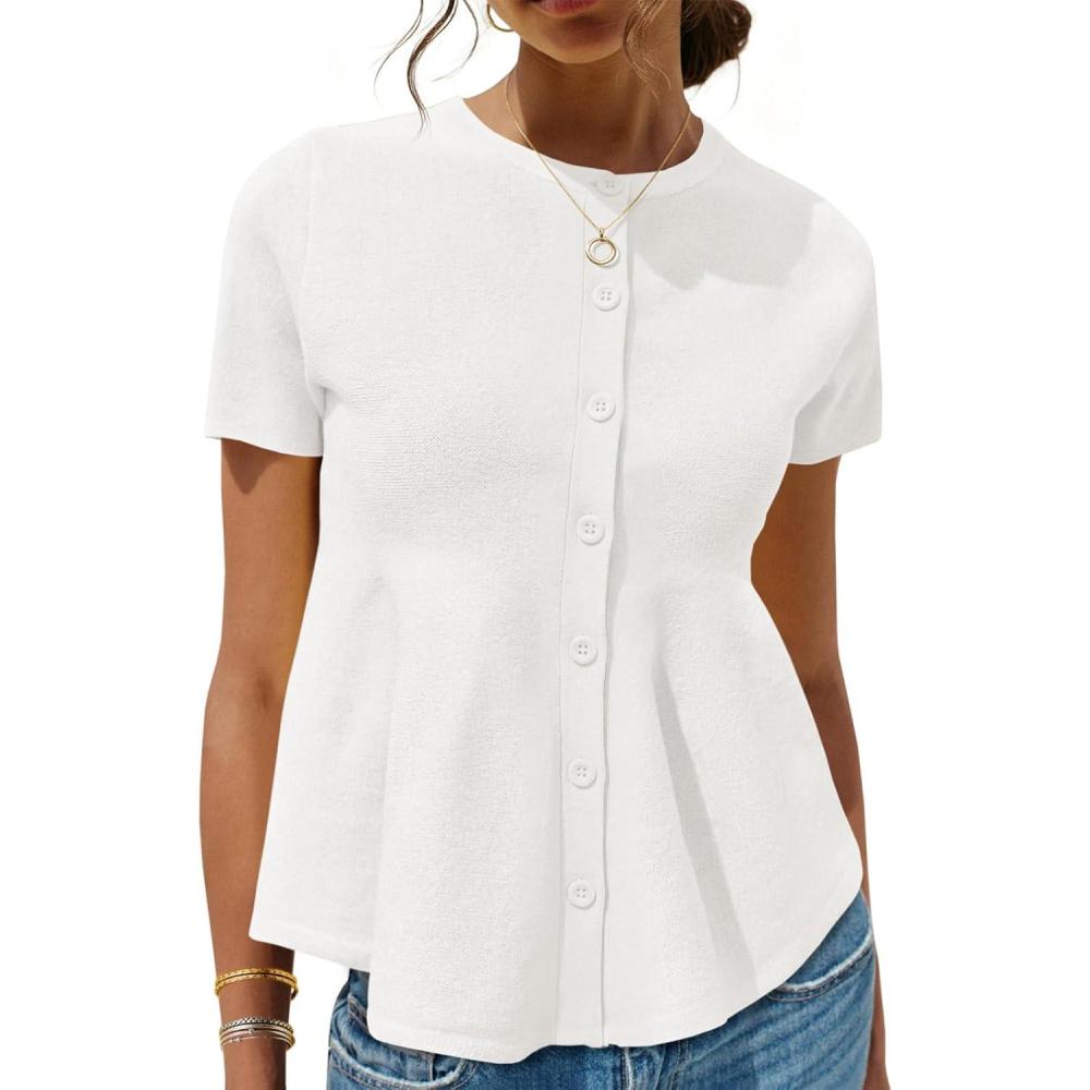image:imageSaodimallsu Womens Short Sleeve Cardigans Ruffle Button Down Crew Neck Peplum Babydoll Knit Sweater TopsWhite
